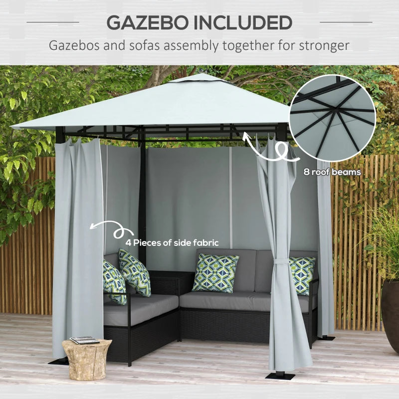 All-in-One Corner Rattan Wicker Outdoor Sofa Set & Patio Gazebo w Canopy, Curtains, Black, Grey