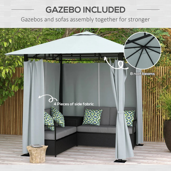 All-in-One Corner Rattan Wicker Outdoor Sofa Set & Patio Gazebo w Canopy, Curtains, Black, Grey