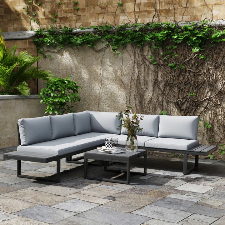 4 Pieces Outdoor Patio Furniture Set - Reclining Garden Corner Sofa with Coffee Table