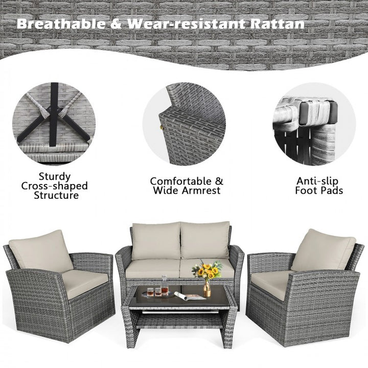 4pc PE Rattan Wicker Furniture Set w Loveseat Armchairs Cushions, Outdoor Patio, Grey, Cream Beige