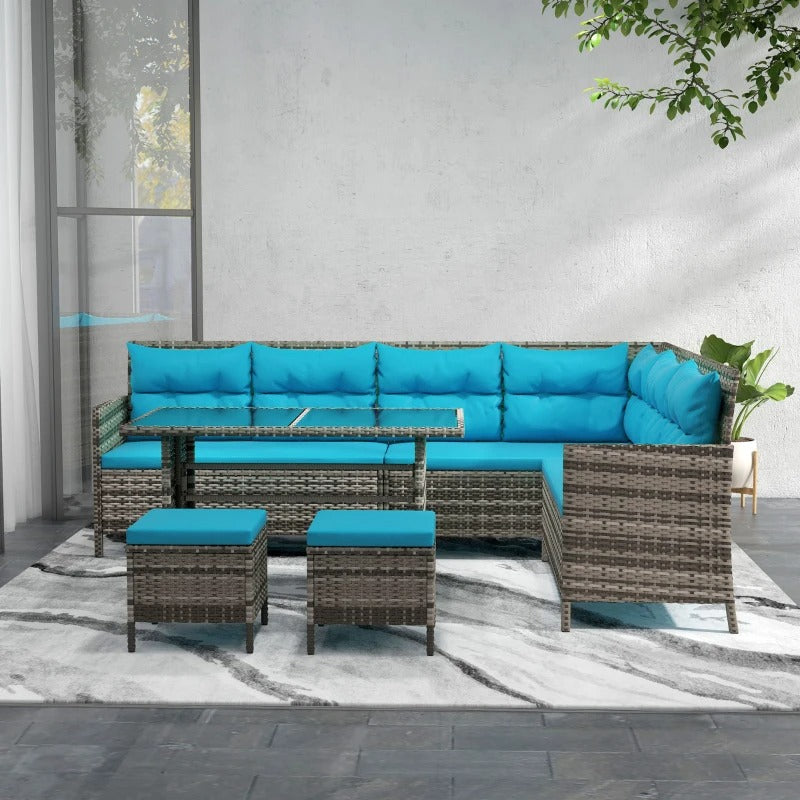 6pc L-Shape PE Rattan Wicker Outdoor Dining Patio Furniture Set w Cushion, Mixed Grey, Sky Blue