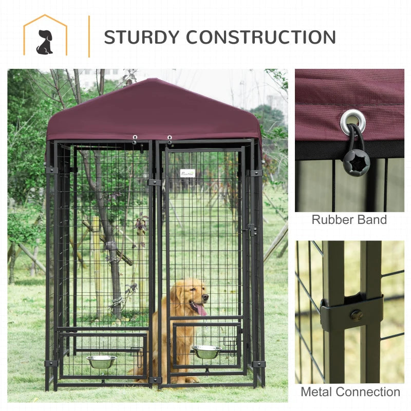 8' x 4' x 6' Steel Dog House, Bowl Holders, Roof Pen Kennel Shelter Heavy Duty Outdoor Wine Red