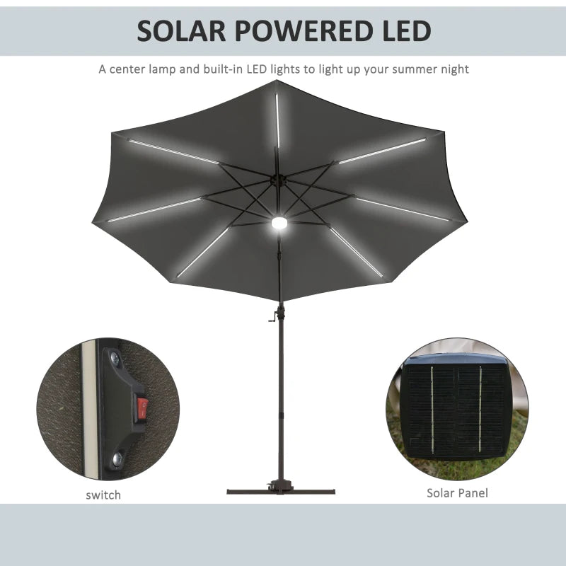 10ft Offset LED Tilt Umbrella Cantilever Canopy Outdoor Patio, Solar Light, Cross Base, Dk Grey