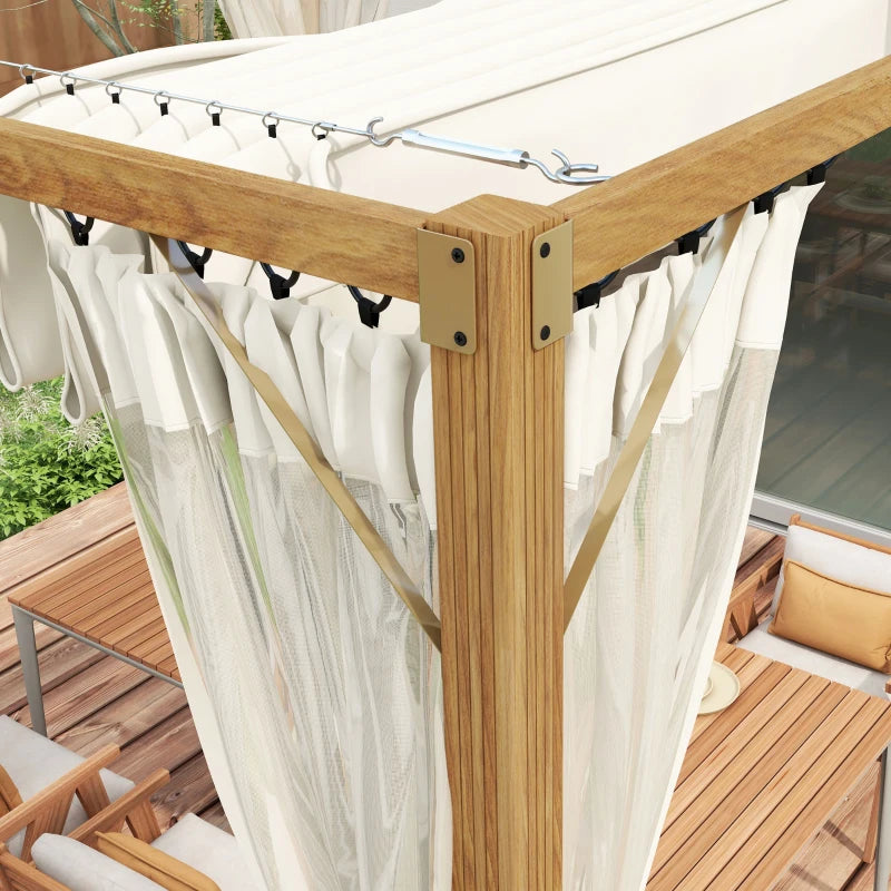 10' x 10' Wooden Pergola Gazebo w Retractable Canopy Roof & Mesh Net Curtains - Natural, Cream