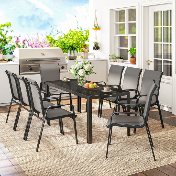 9 Pieces Patio Set with Stackable Chairs - Durable Outdoor Dining Set with Tempered Glass Top
