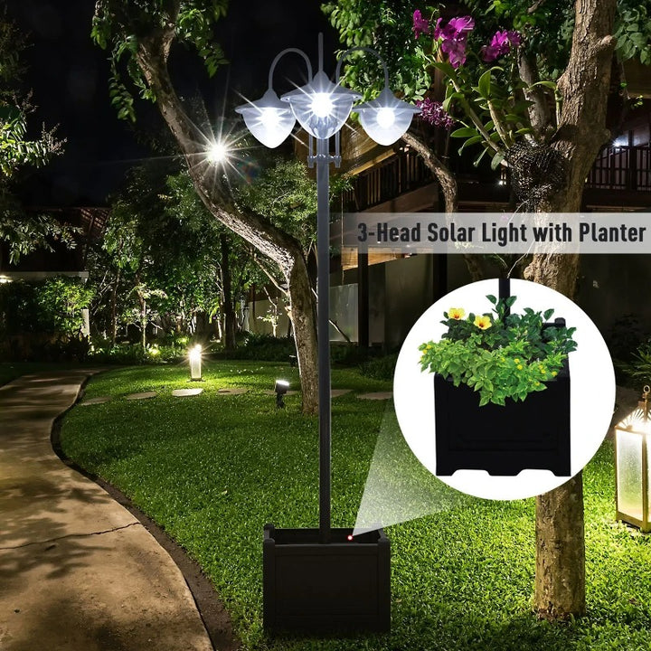 74” 3-Head Solar LED Automatic Outdoor Torch Light Street Lamp Post w Flowerbed Planter, Black