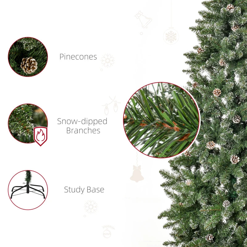 7.5ft 1119-Tip Unlit Slim Artificial Christmas Holiday Tree w Pine Cones, Snowy Tips Xmas Green