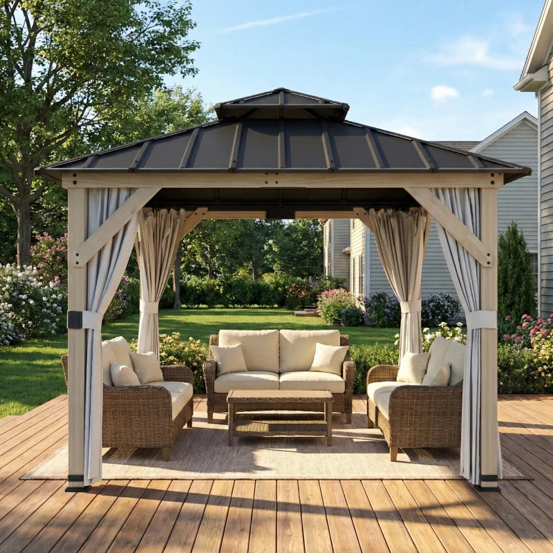 10' x 10' Outdoor Hardtop Gazebo with Double Steel Roof and Curtains - Durable Weather-Resistant Patio Shelter