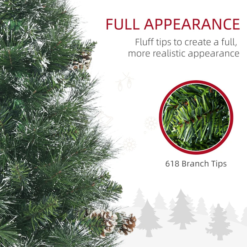 6ft 618-Tip Unlit Slim Artificial Christmas Holiday Tree w Pine Cones, Snowy Tips, Xmas Green