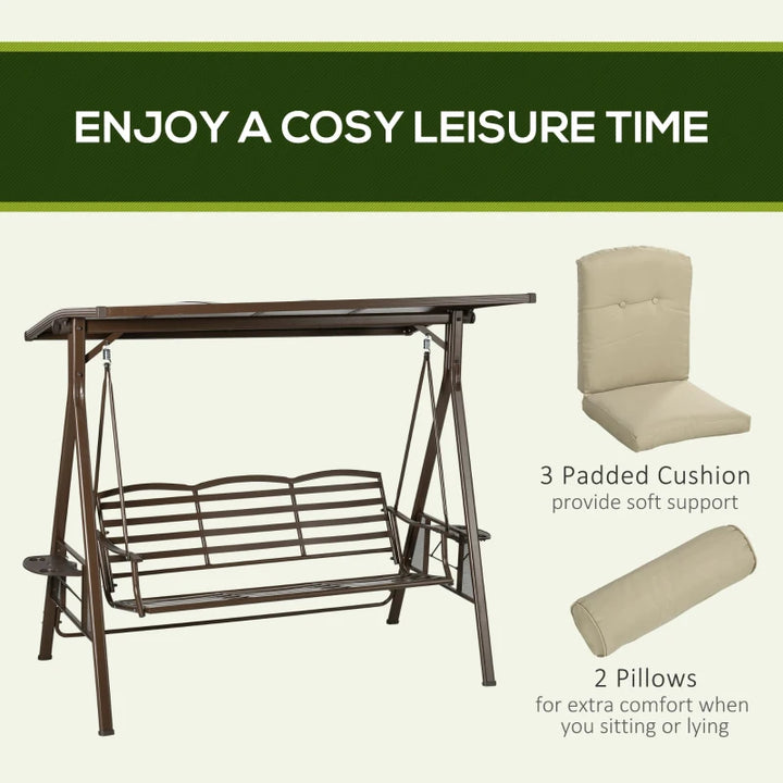 Heavy Duty Outdoor 3 Seater Porch Swing Bench Seat w Canopy & Cushions Patio Deck, Brown, Khaki