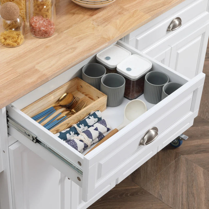 Rolling Kitchen Island Cart w Drop-leaf Dining Countertop Bar, Storage Cabinet, Wood Top, White