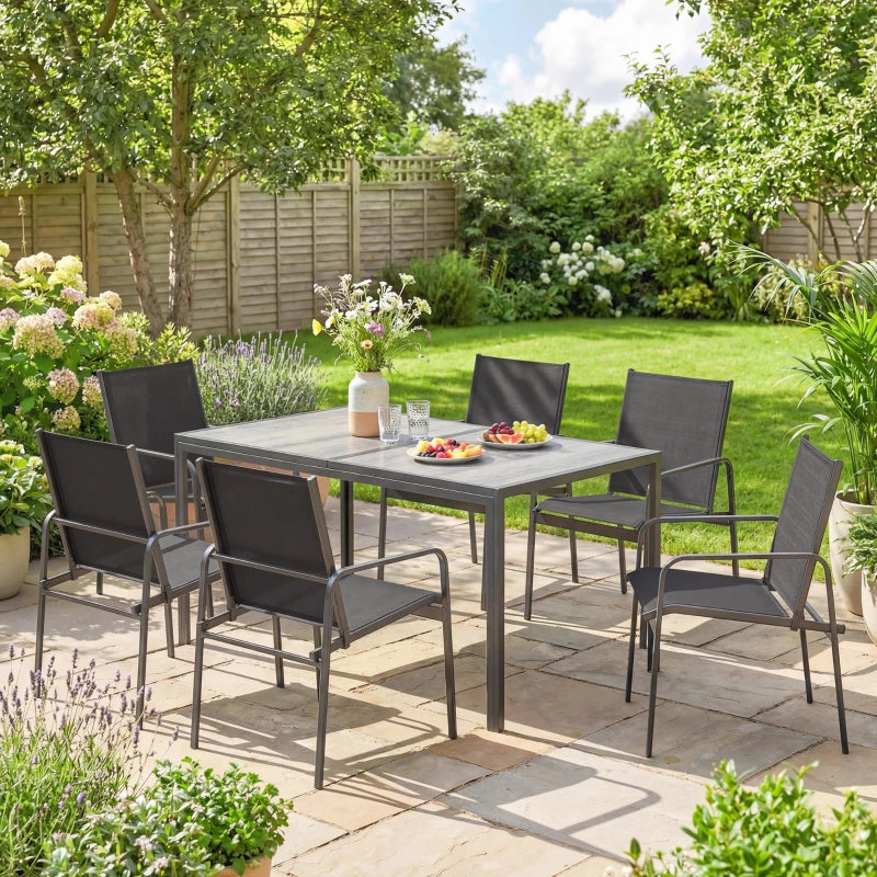 Outdoor Dining Set for 6 with Faux Wood Patio Table and Breathable Mesh Chairs - Durable Weather-Resistant Patio Furniture