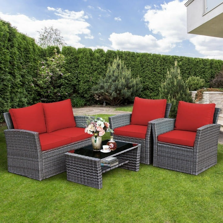 4pc PE Rattan Wicker Furniture Set w Loveseat, Armchairs, Cushions for Outdoor Patio, Grey, Red