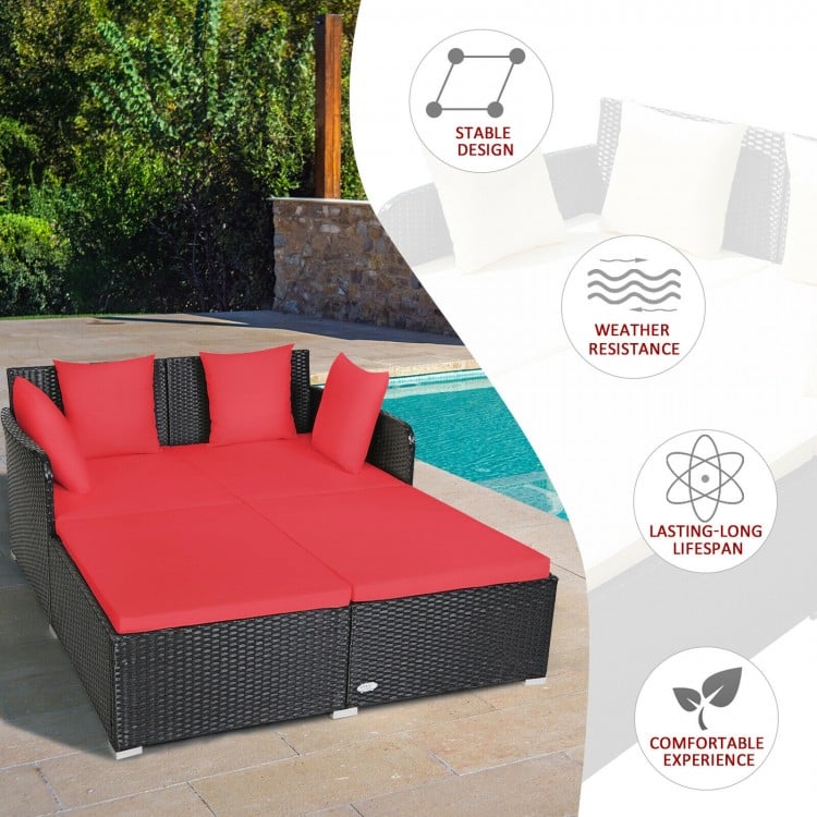 Double Rattan Wicker Daybed Sun Lounger Sofa Chaise w Cushions for Outdoor Patio, Red, Black