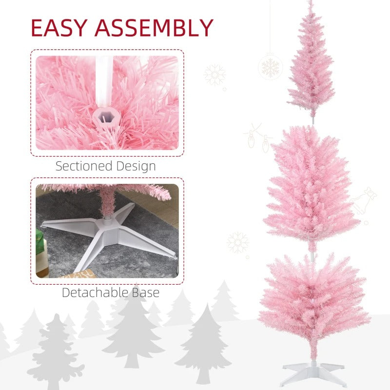 6ft 390-Tip Pre-lit Slim Artificial Pencil Christmas Holiday Tree w 200 LED Lights, Base, Pink