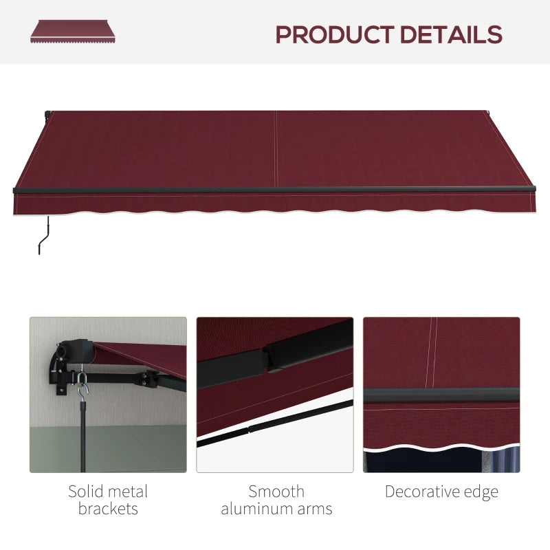 15' x 10' Large Manual Retractable Awning UV Resistant Sun Shade Canopy Outdoor Patio, Wine Red