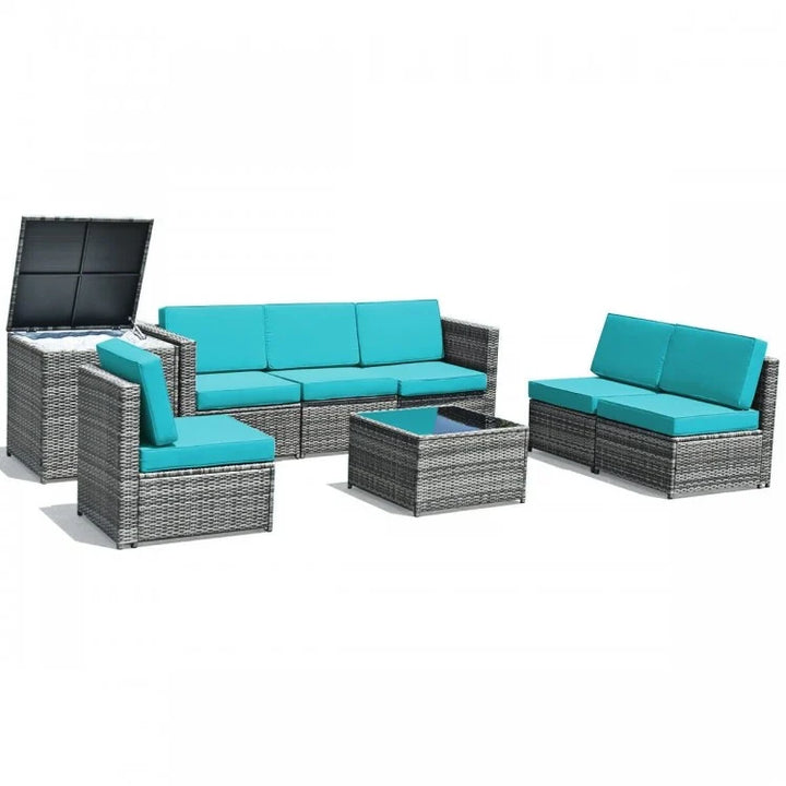 8pc L-Shape Rattan Wicker Sectional w Storage, Cover, Outdoor Patio Furniture, Grey, Turquoise