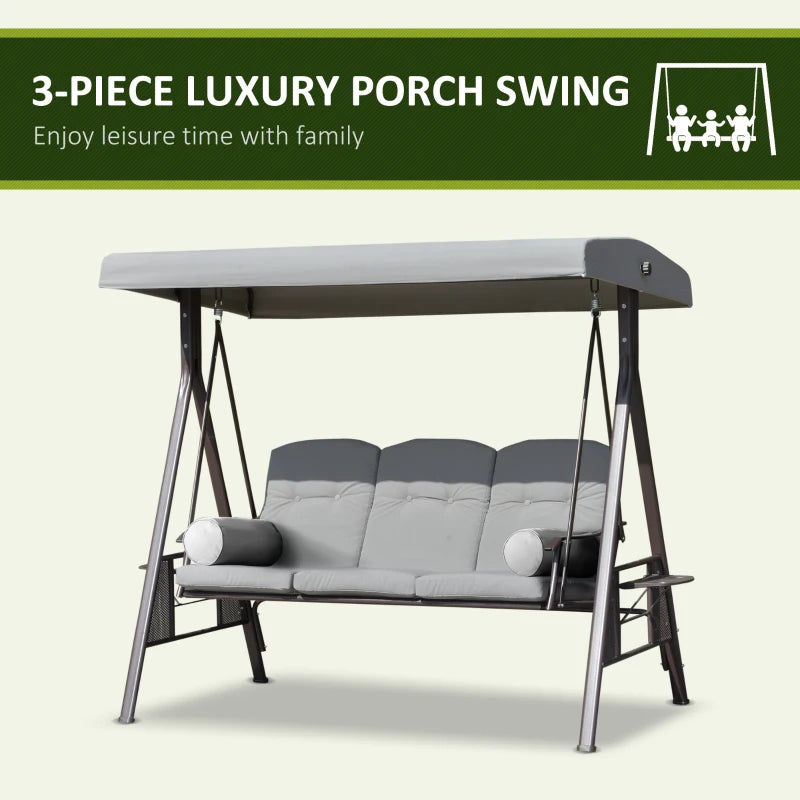 Heavy Duty Outdoor 3 Seater Porch Swing Bench Seat w Canopy & Cushions for Patio Deck - Lt Grey