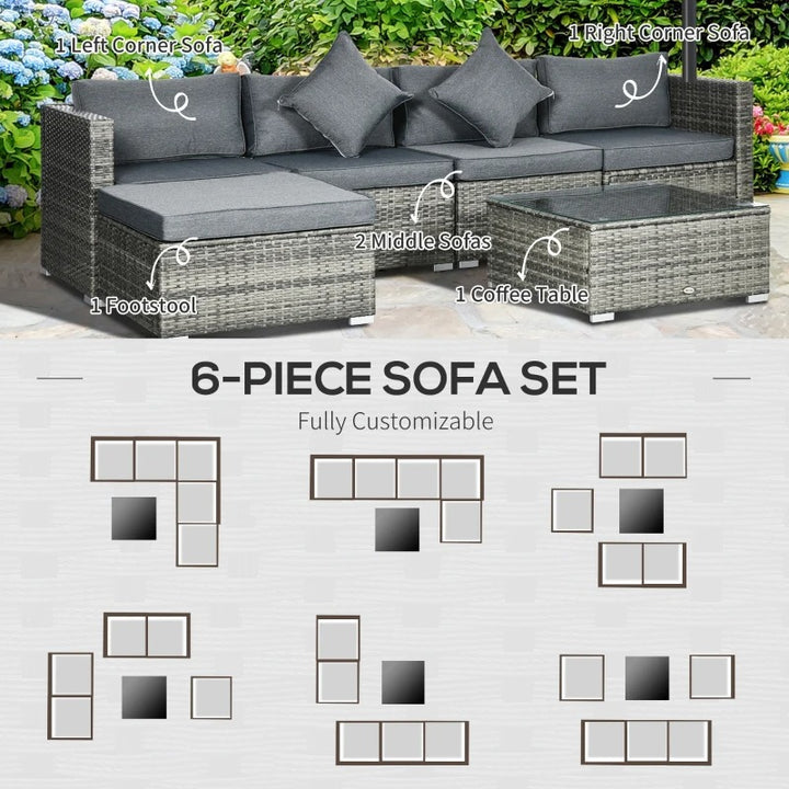 6pc PE Rattan Wicker Conversation Sectional Outdoor Sofa Patio Garden Set w Cushions, Mix Grey