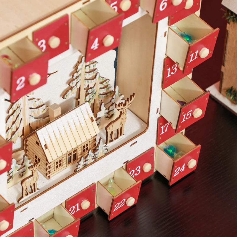 NEW Light-Up Wooden Christmas Advent Countdown Decoration w 24 Drawers, Holiday Xmas Village, Red