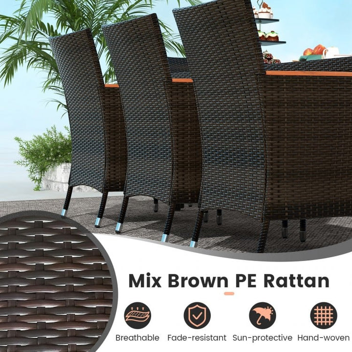 9pc PE Rattan Wicker Dining Set w 8 Armchairs, Acacia Wood Top, Umbrella Hole, Outdoor Patio, Brown