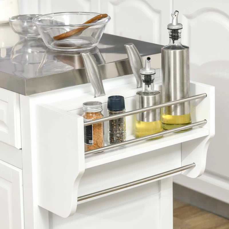 Large Rolling Kitchen Island Storage Cart Cabinet Sideboard, Stainless Steel Top, Wheels, White