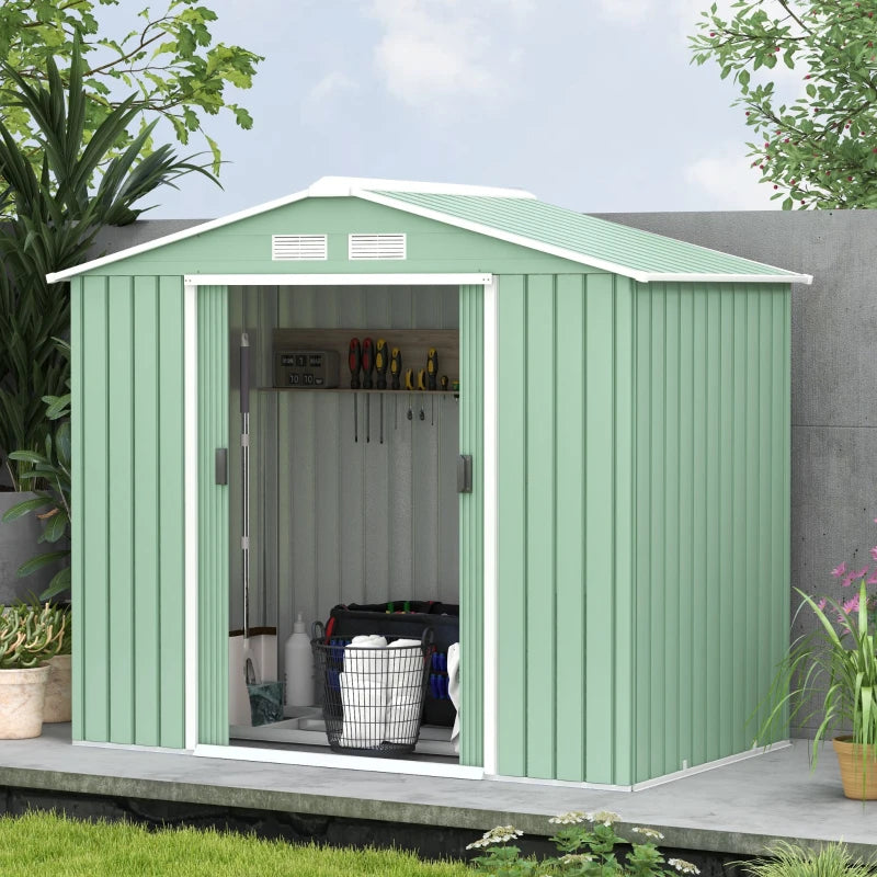 7’ x 4’ x 6’ Outdoor Metal Storage Shed Organizer w Foundation for Garden Backyard, Light Green