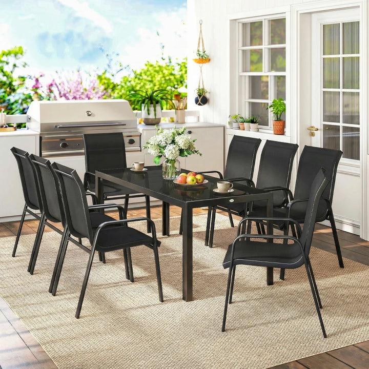 9 Pieces Patio Set With Stackable Chairs and Glass Top - Durable Outdoor Dining Furniture