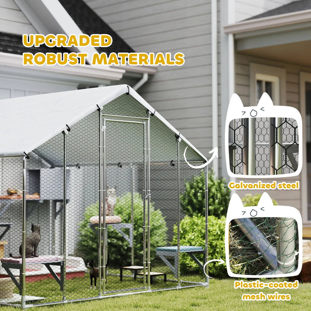 Large Catio Fence Enclosure Outdoor Shelter w Waterproof Roof Shade for Cats, Chickens, Rabbits