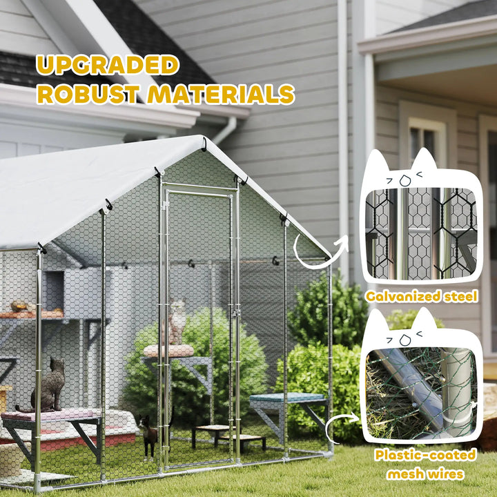 Large Catio Fence Enclosure Outdoor Shelter w Waterproof Roof Shade for Cats, Chickens, Rabbits