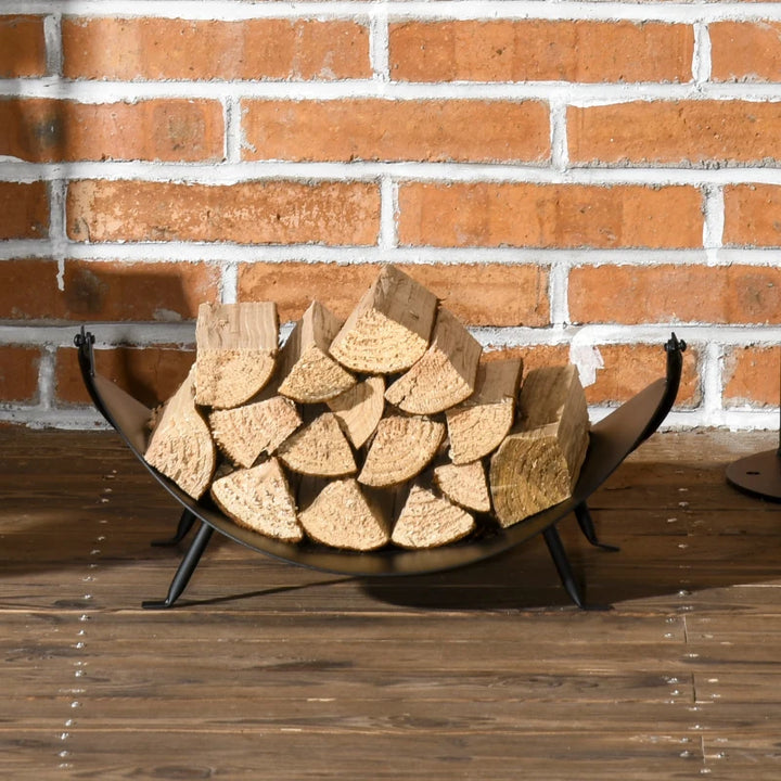 16" Firewood Log Rack Curved Fireplace Holder Wood Basket Carrier Handle Outdoor Indoor - Black