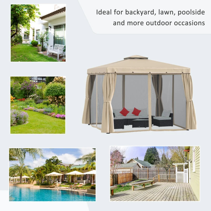 10' x 10' Outdoor Soft-top Gazebo Canopy Shelter 2-Tier Fabric Roof, Curtain, Mesh, Khaki Beige