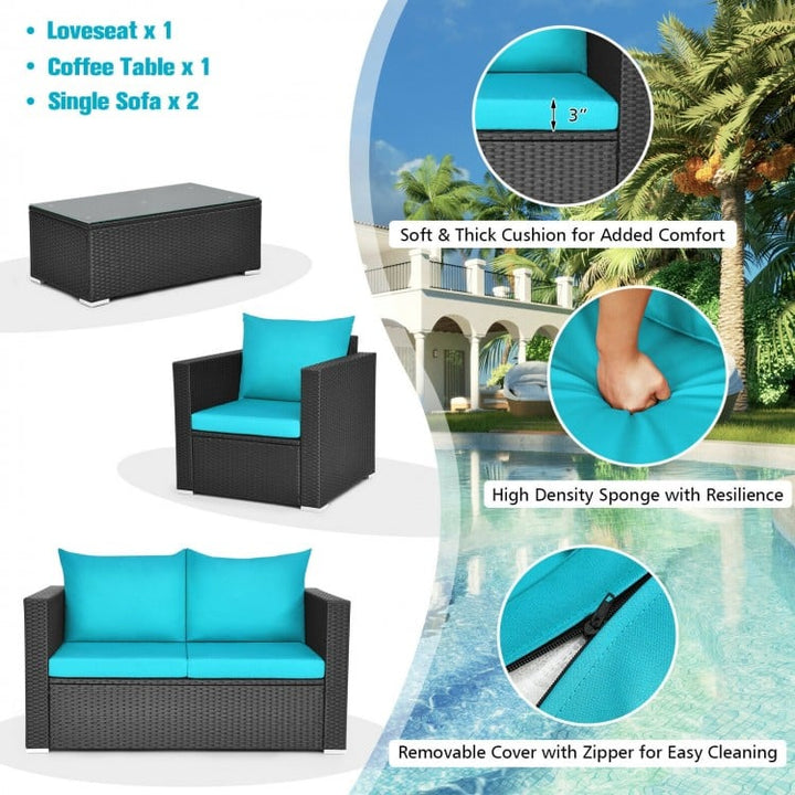 4pc Rattan Wicker Furniture Set w Loveseat Armchairs Cushions Outdoor Patio, Black, Turquoise Blue