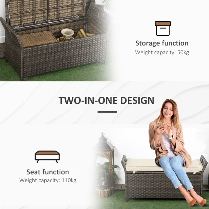 41" Rattan Wicker Storage Deck Box Bench w Seat Cushion Indoor Outdoor Patio, Brown Cream Beige