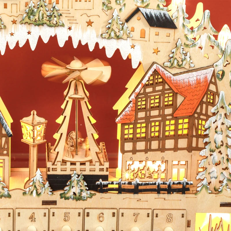 NEW Light-Up Wooden Christmas Advent Countdown Decor w 24 Drawers, Holiday Mountain Winter Village