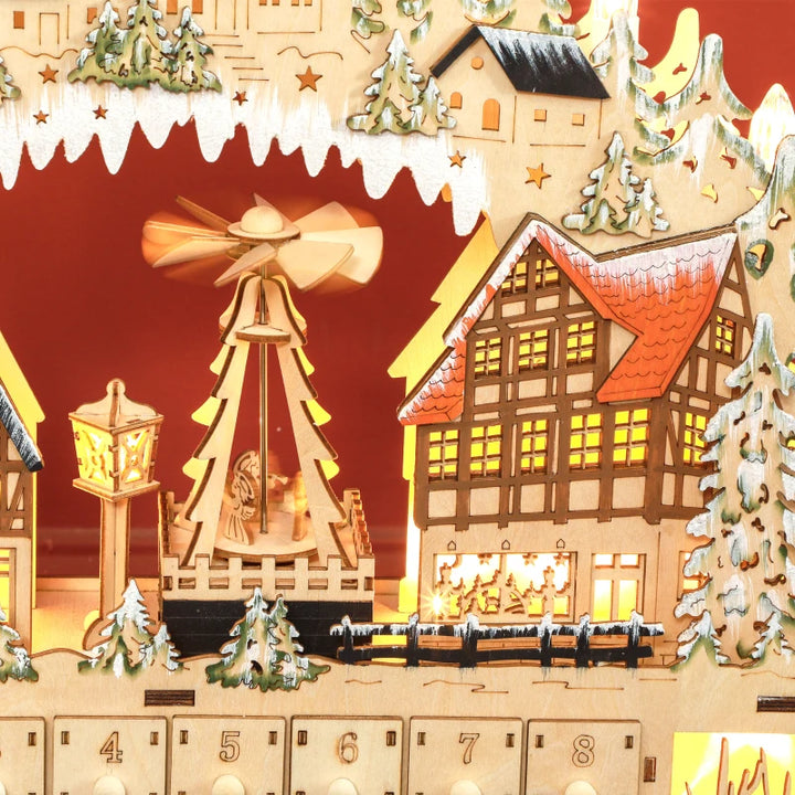 NEW Light-Up Wooden Christmas Advent Countdown Decor w 24 Drawers, Holiday Mountain Winter Village