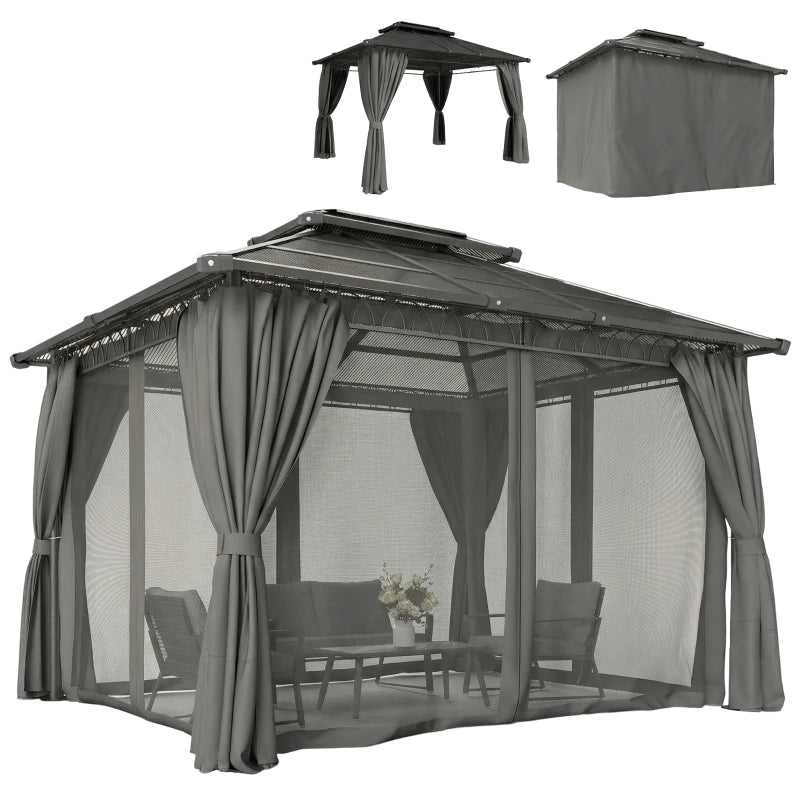 10'x12' Outdoor Gazebo Canopy Double Roof Hardtop with Polycarbonate Roof and Curtains - Durable Patio and Garden Shelter