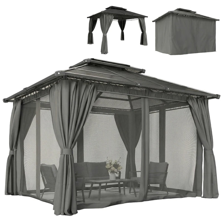 10'x12' Outdoor Gazebo Canopy Double Roof Hardtop with Polycarbonate Roof and Curtains - Durable Patio and Garden Shelter