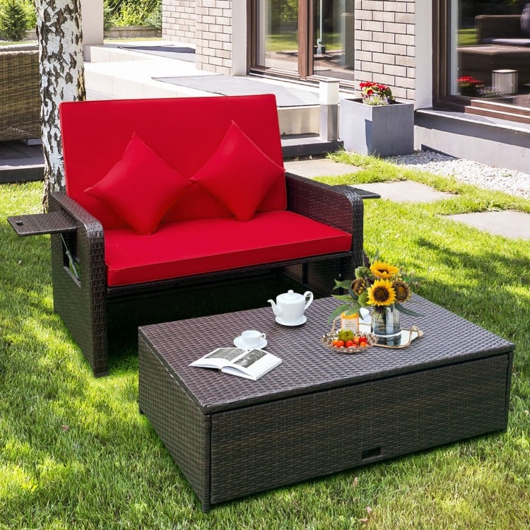 2pc Rattan Wicker Convertible Chaise Sofa Loveseat Daybed Lounger Ottoman w Cushions Outdoor, Red