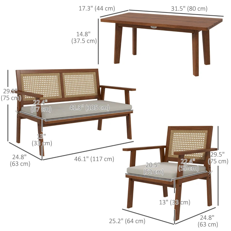 4pc Retro Wood PE Rattan Wicker Patio Furniture Set w Cushions Outdoor Patio, Teak Stain, Beige