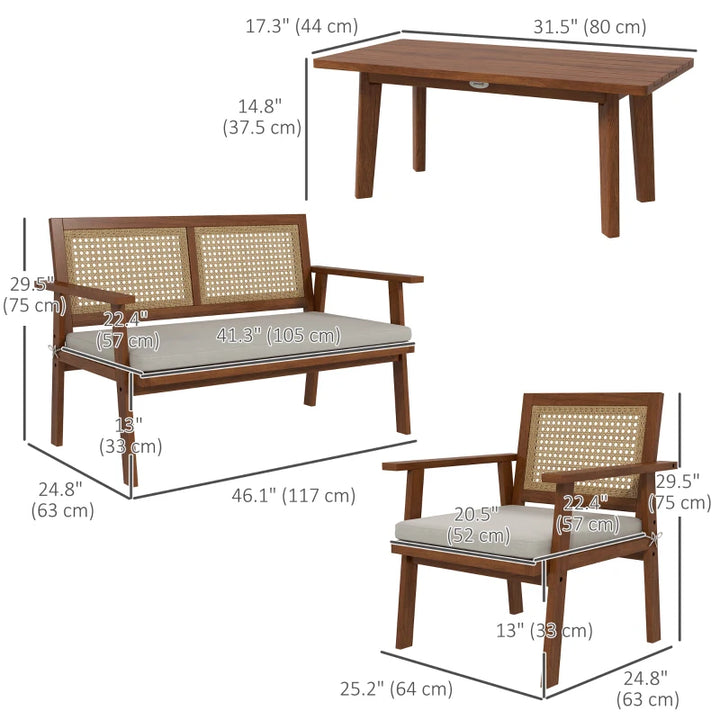 4pc Retro Wood PE Rattan Wicker Patio Furniture Set w Cushions Outdoor Patio, Teak Stain, Beige