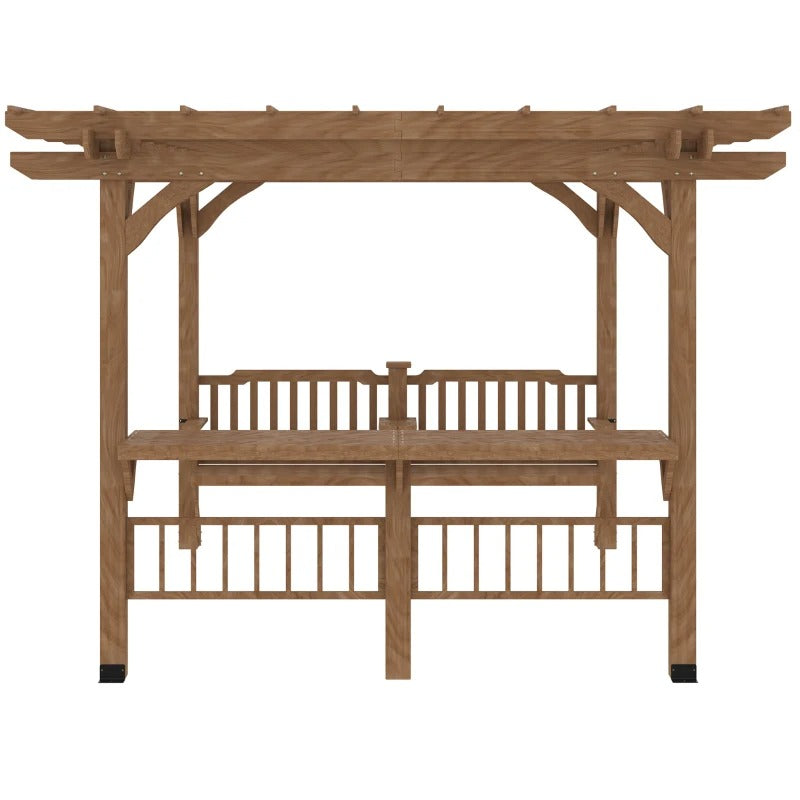 14' x 10' Wood Pergola Gazebo Patio Garden BBQ Shelter w Bar Counters, Bench Seats - Brown