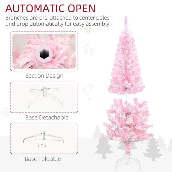 4ft 180-Tip Snow Flocked Slim Pencil Artificial Christmas Holiday Tree w Base Xmas Decor, Pink