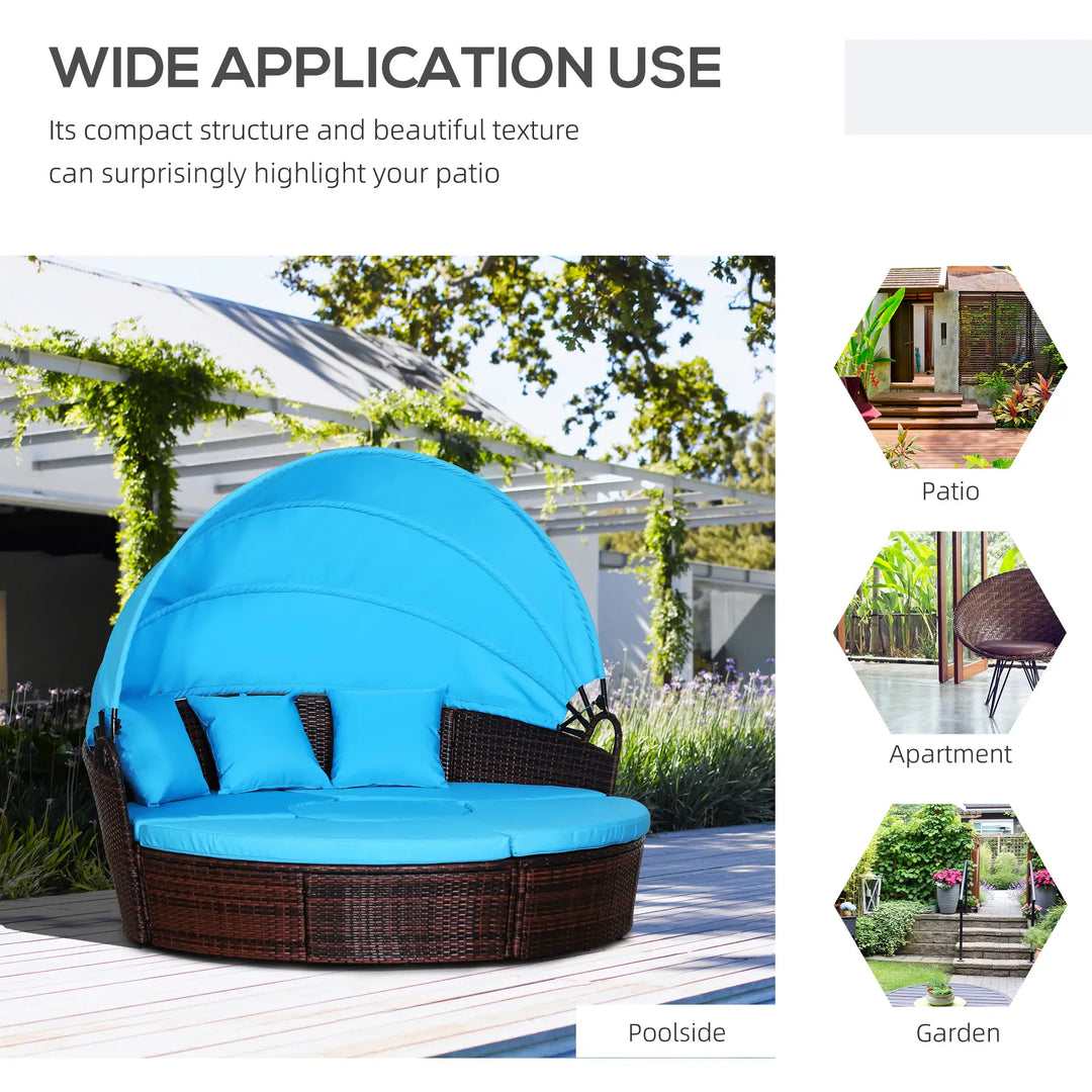 4pc Rattan Wicker Round Canopy Daybed Lounge Outdoor Patio Sofa Set w Cushions, Brown, Aqua Lt Blue