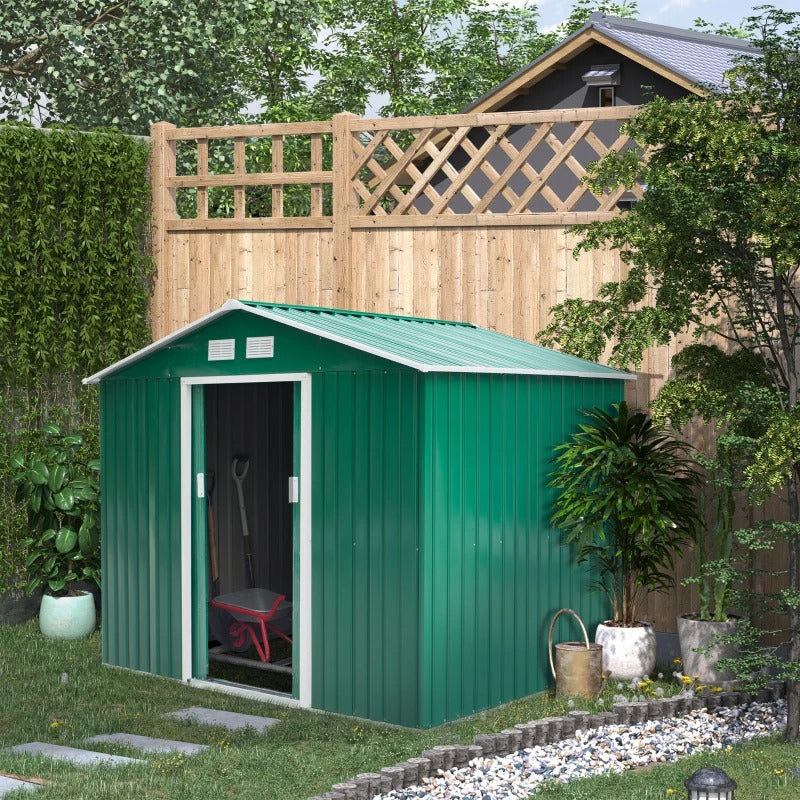 9’ x 6’ x 6’ Outdoor Metal Storage Shed Organizer w/ Foundation for Patio Backyard - Green