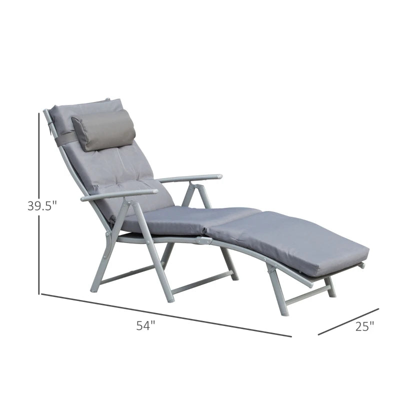 7-Position Folding Reclining Sun Lounger Tanning Lawn Chair w Cushion, Outdoor Patio Pool, Grey