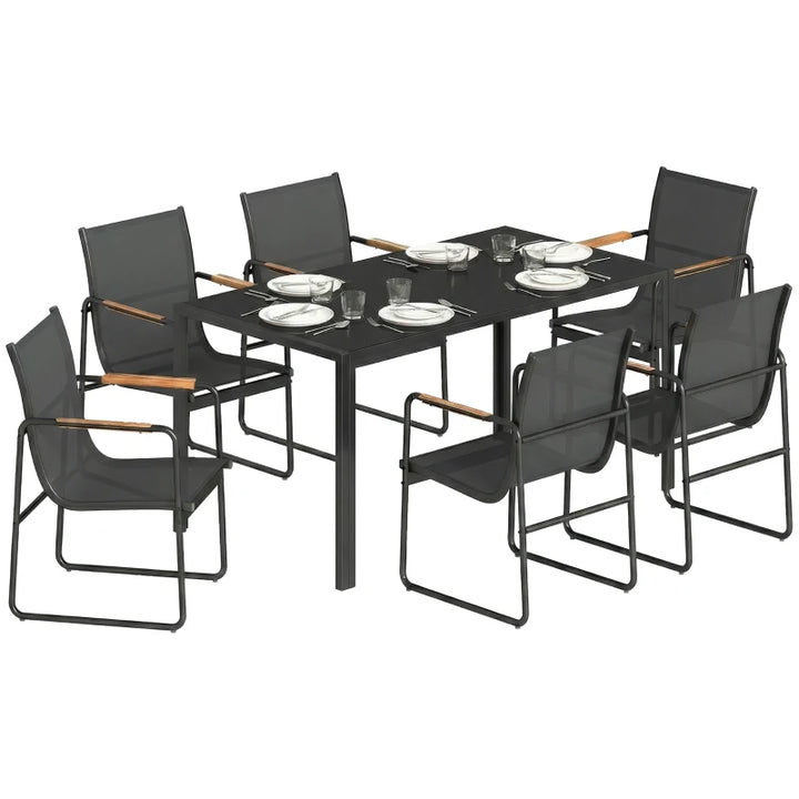 7 Pieces Outdoor Dining Set for 6 – Durable Glass Patio Table and Mesh Chairs