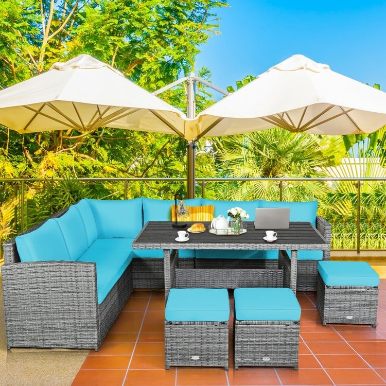 7pc L-Shape Rattan Wicker Dining Set Outdoor Patio Sectional w Table Cushions Ottomans, Turquoise