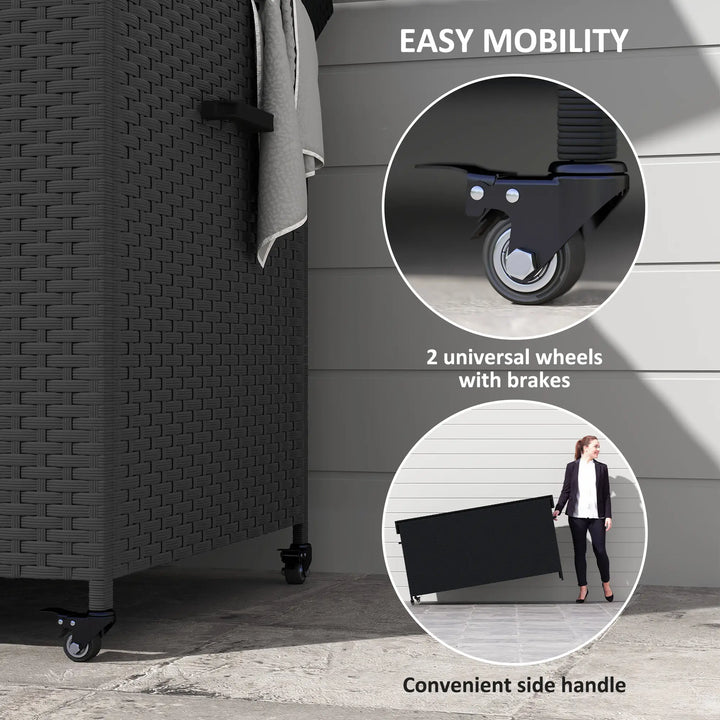 60" 165-Gal Plastic Wicker Deck Box Storage Bin w Wheels for Cushions Tools Outdoor Patio, Black