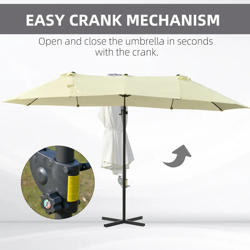 15ft Tilting Offset Cantilever Double Twin Canopy Patio Deck Umbrella w Cross Base Stand, Beige